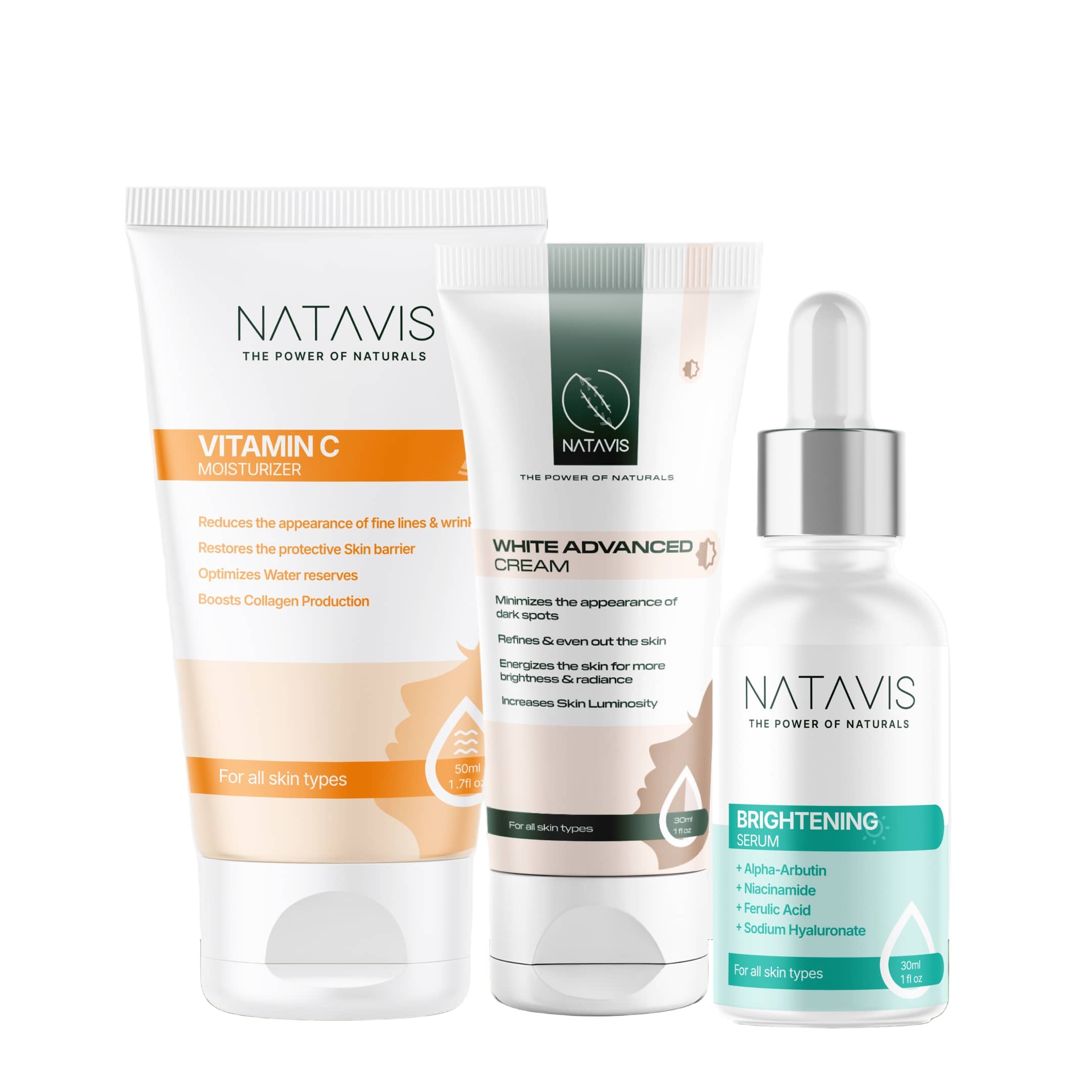 A skincare routine set from Natavis, including a Vitamin C Moisturizer, Brightening Serum, and White Advanced Cream, designed to brighten and even out skin tone.