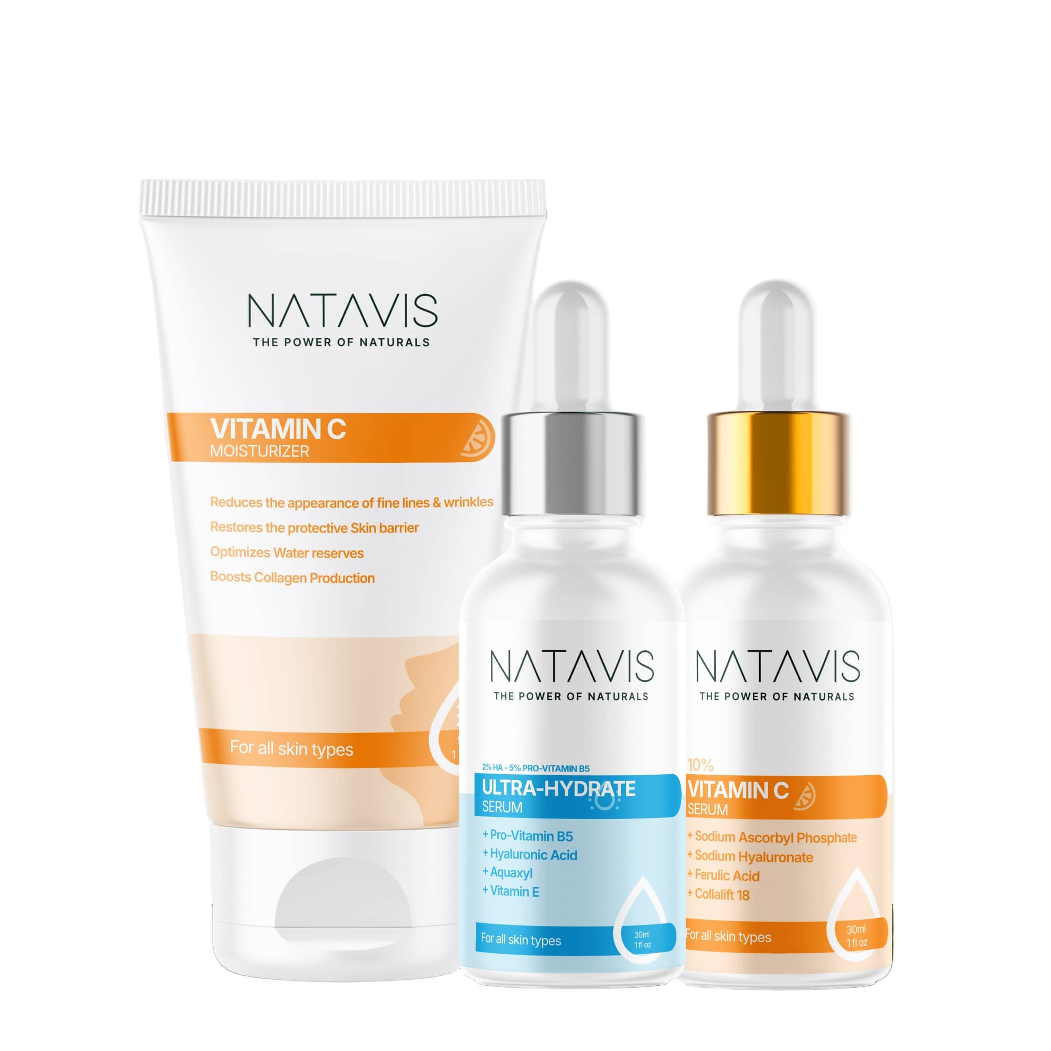A set of three Natavis skincare products including a Vitamin C Serum, Ultra-Hydrate Serum, and Vitamin C Moisturizer, designed for combination skin.