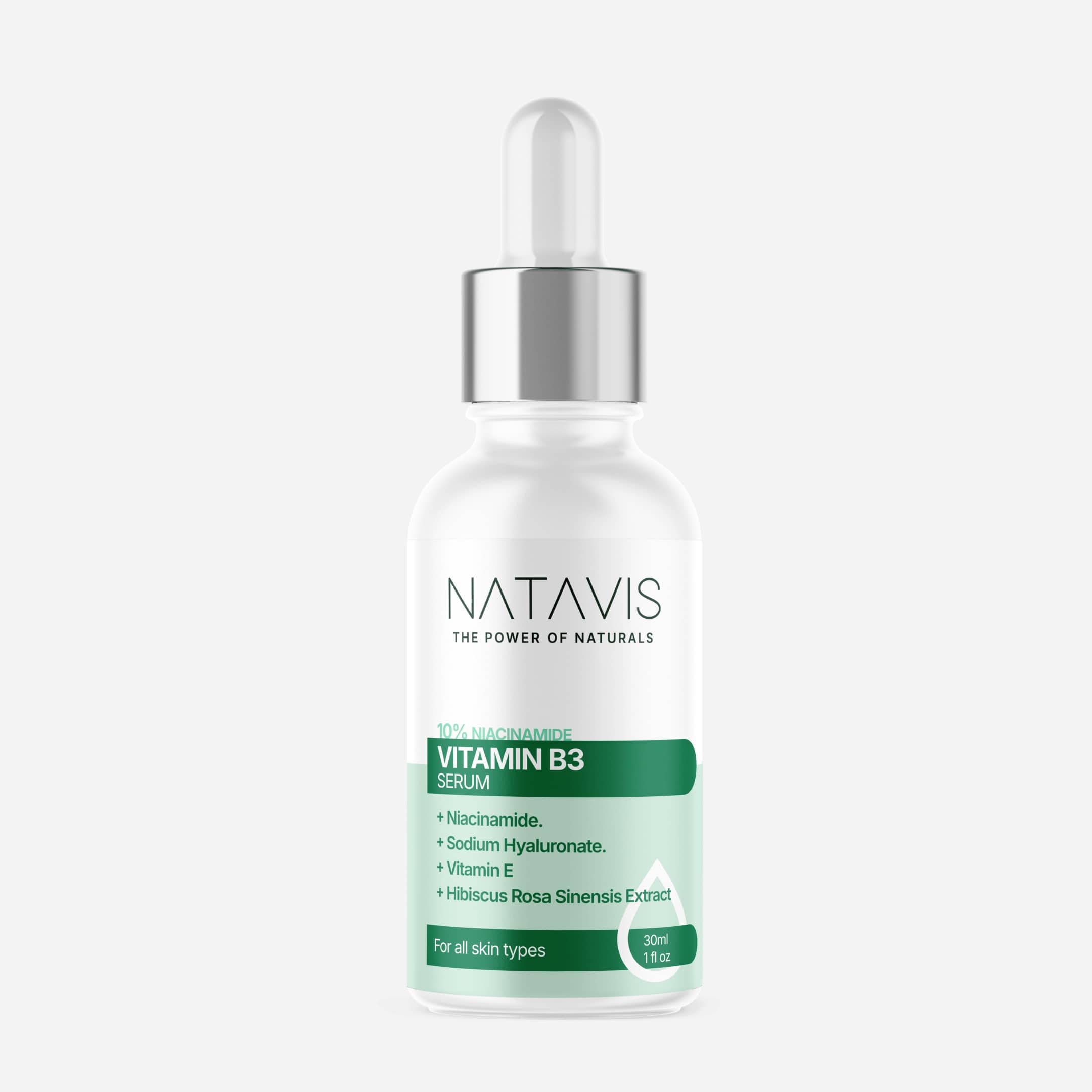 A white bottle with a dropper containing Natavis Vitamin B3 Serum, with a label that includes the product name and key ingredients such as Hyaluronic acid, Niacinamide, and Vitamin E.