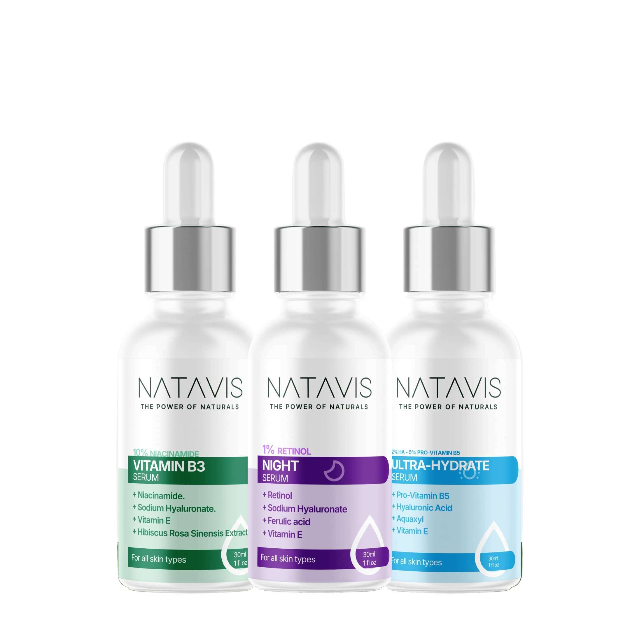 Three Natavis skincare serum bottles, labeled as VITAMIN B3, NIGHT, and ULTRA-HYDRATE, positioned side by side against a green background.