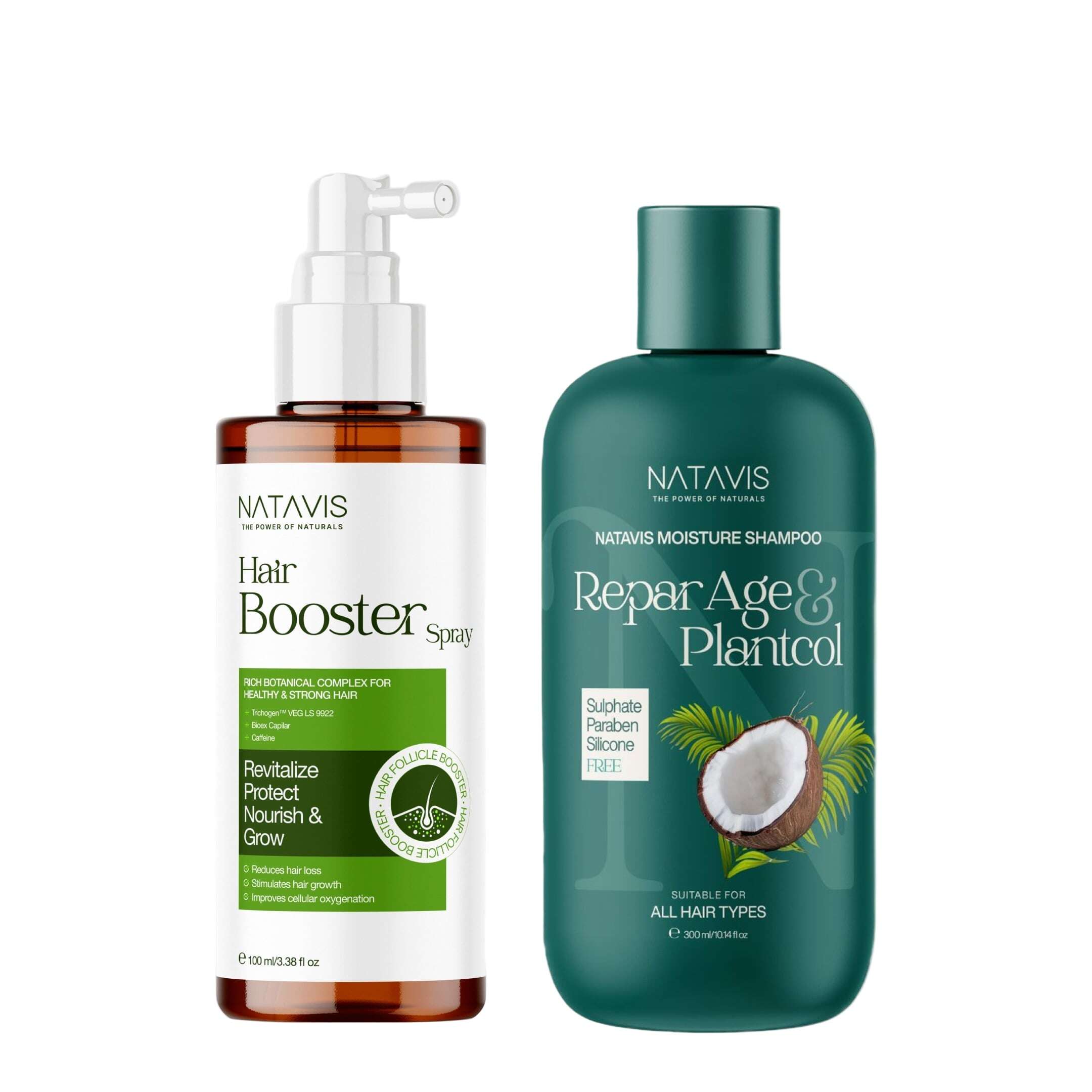 Two bottles of hair care products, one labeled as &