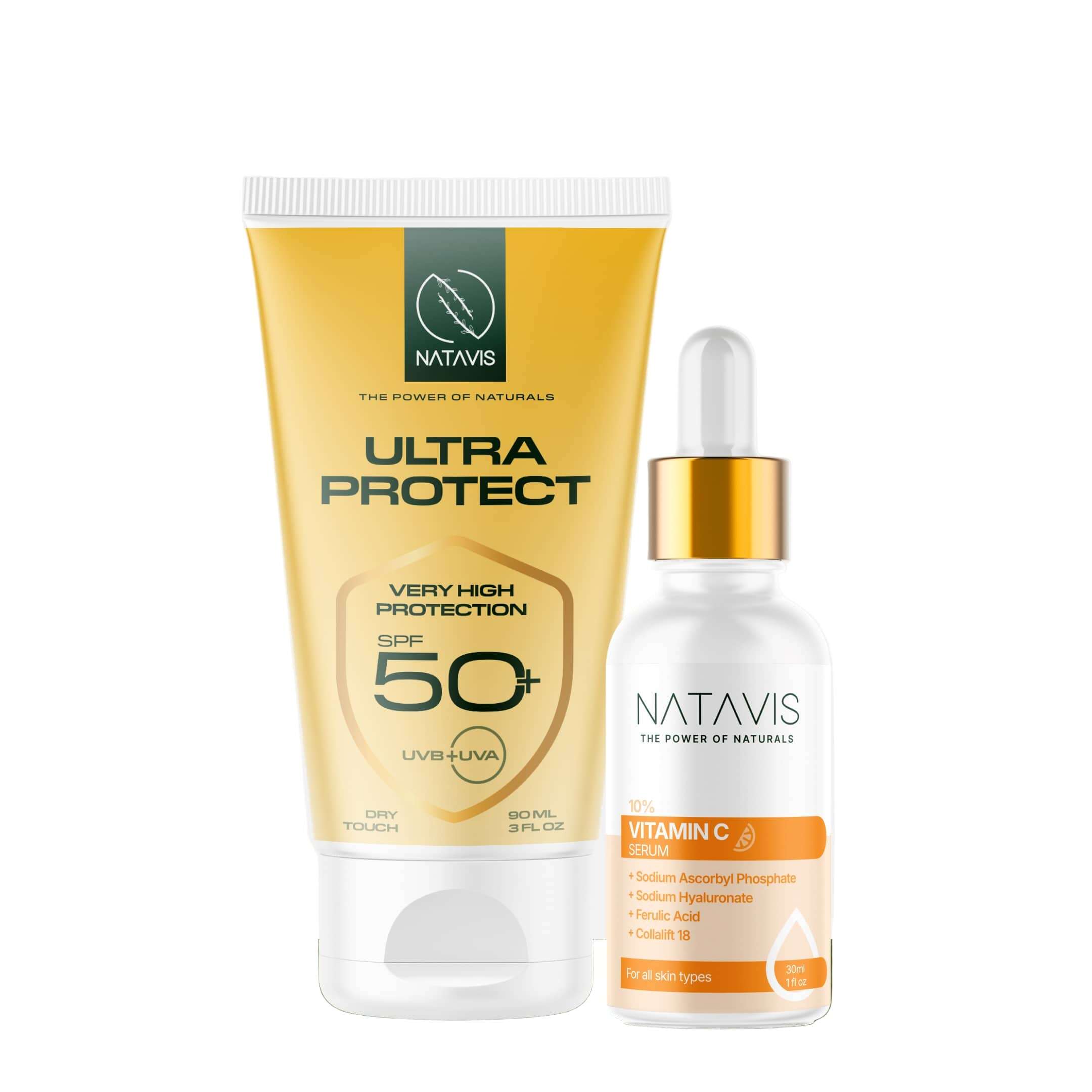 Image showcasing two skincare products, one is a bottle of Natavis Vitamin C Serum and the other is a tube of Natavis Ultra-Protect SPF 50+ Sunscreen.