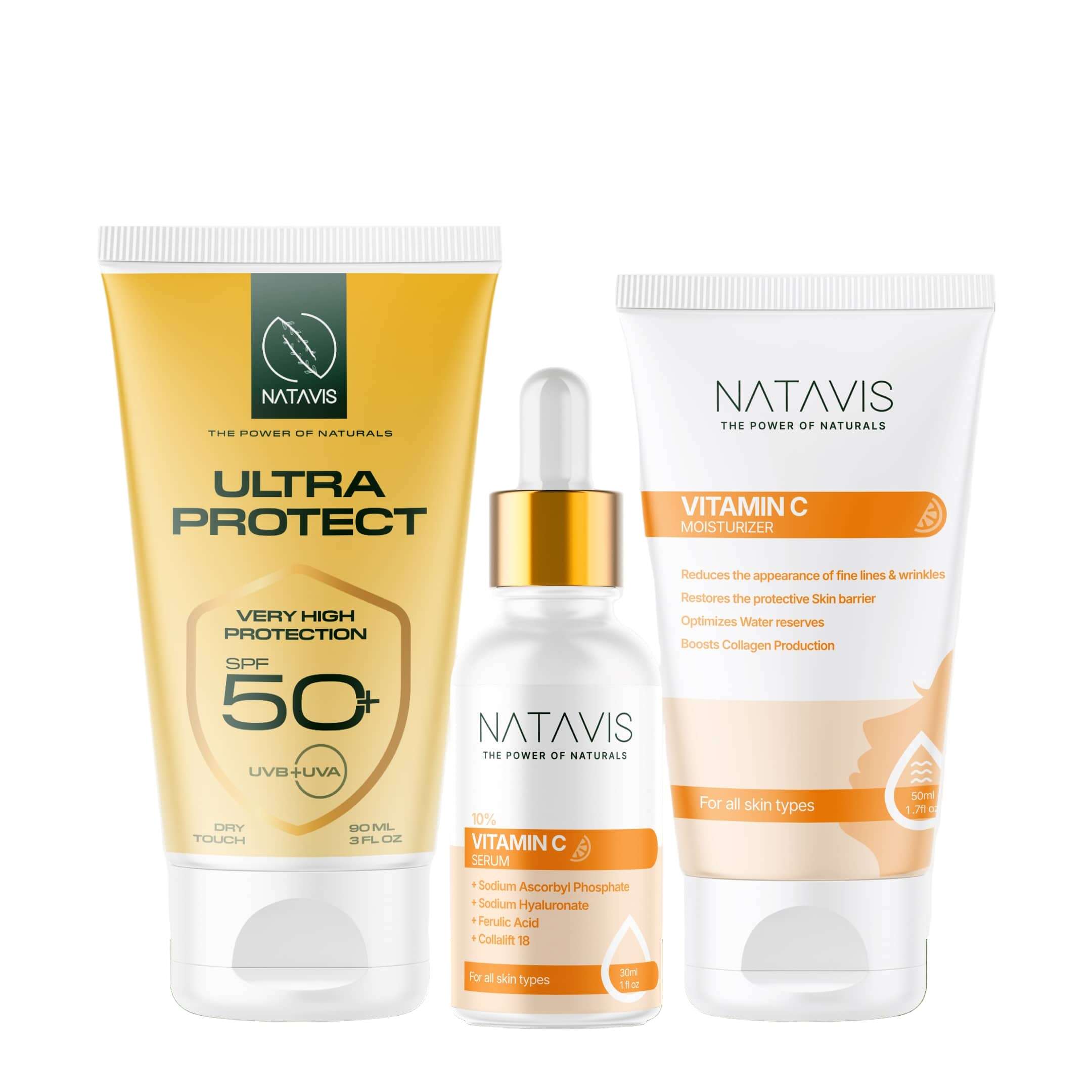 A set of three Natavis skincare products including a sunscreen bottle, a serum dropper bottle, and a moisturizer tube, all with labels indicating sun protection and vitamin C benefits.