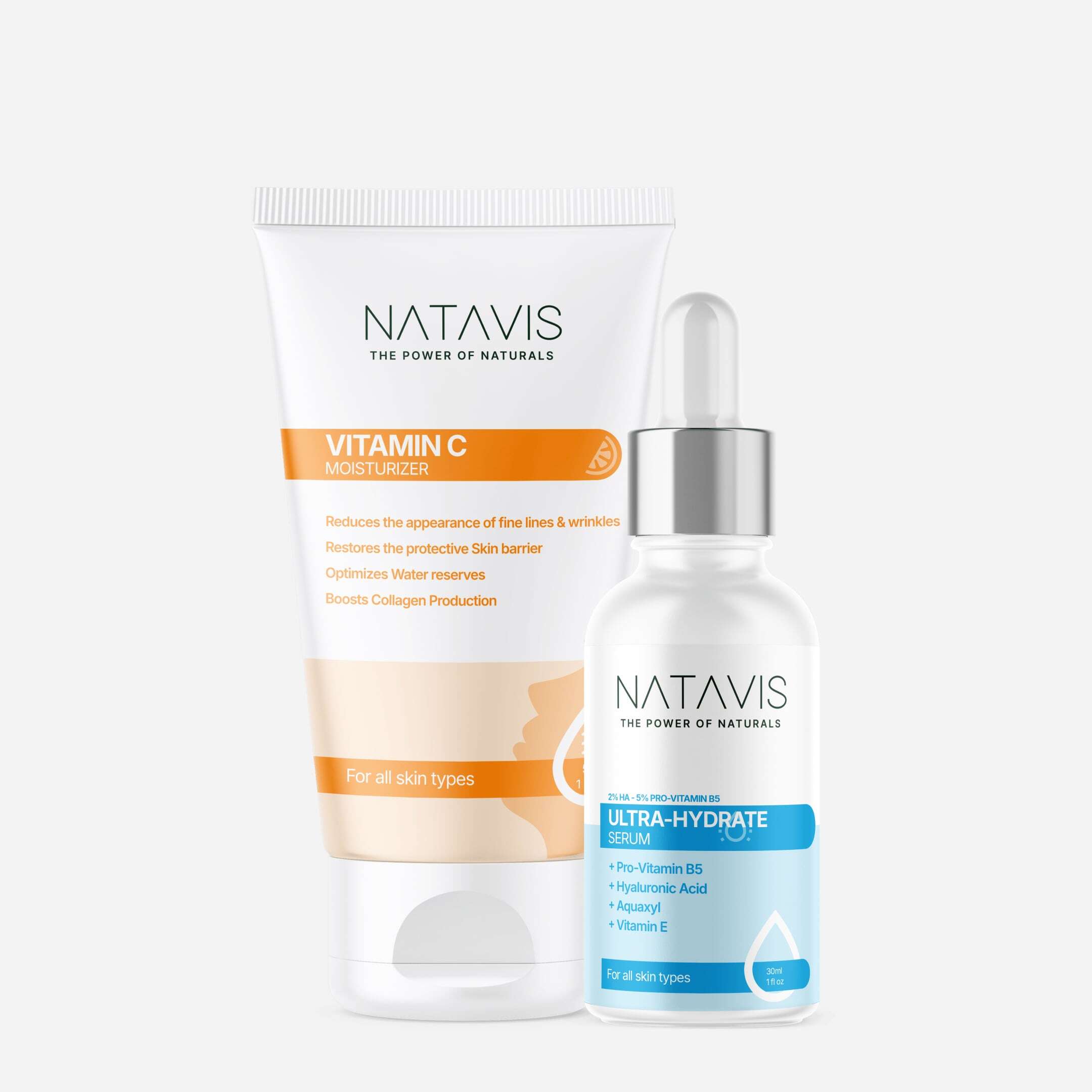 Two skincare products from NATAVIS, a white tube labeled &