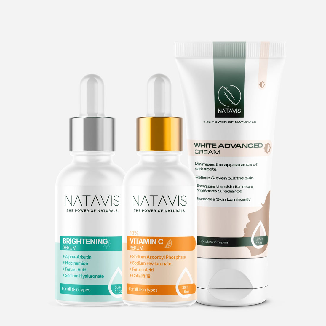 A set of three skincare products from NATAVIS, including a brightening serum, white advanced cream, and vitamin C serum.