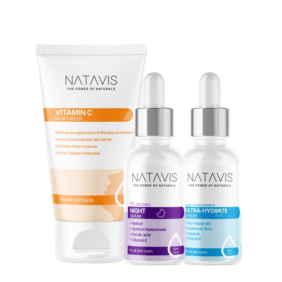A set of three Natavis skincare products including a Vitamin C Moisturizer, Ultra-Hydrate Serum, and Retinol 1% Night Serum, designed for normal skin to improve skin texture, tone, and glow.