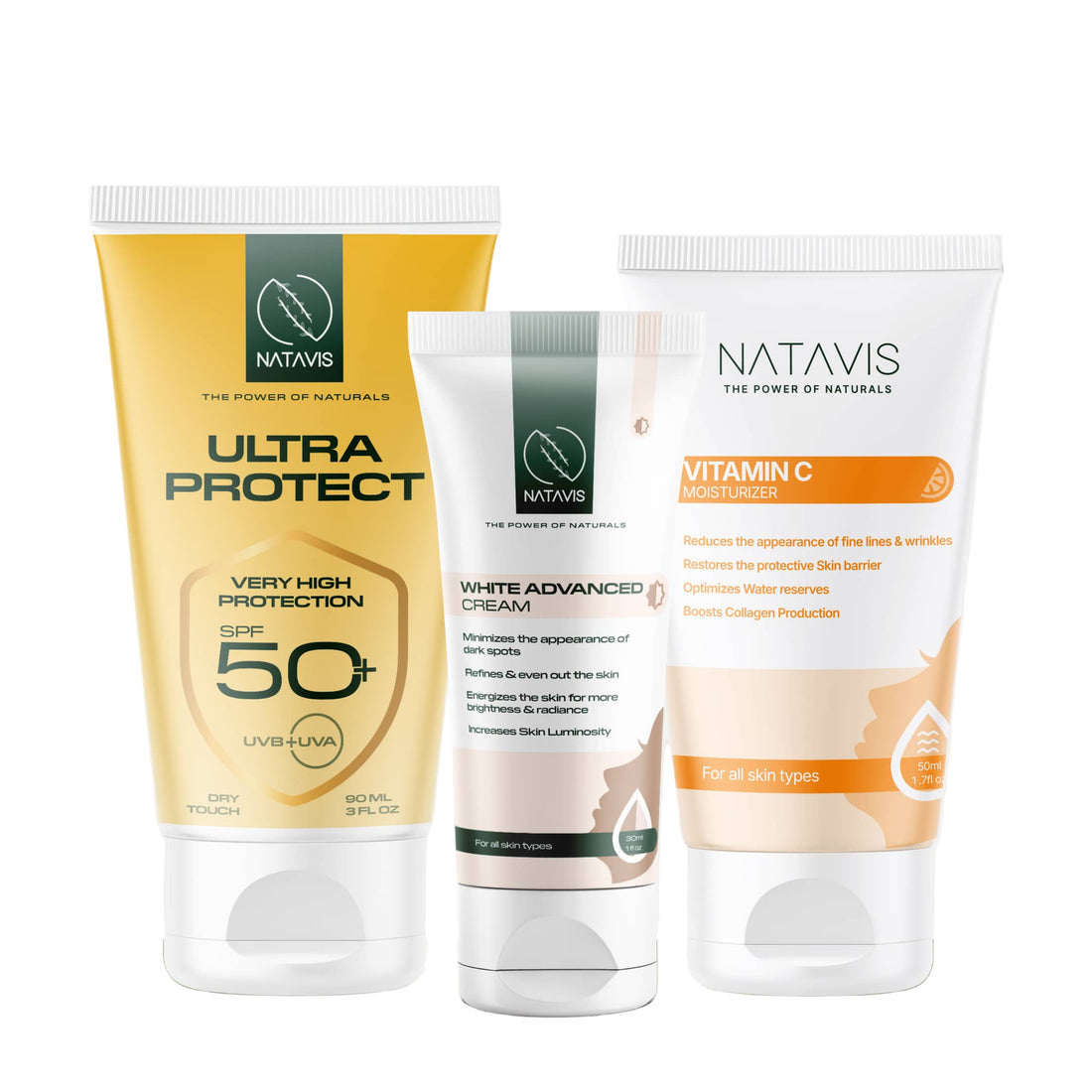 Three Natavis skincare products for sun damage skin routine, including Ultra Protect Sunscreen SPF 50+, White Advanced Cream, and Vitamin C Moisturizer, displayed in tubes and bottles.