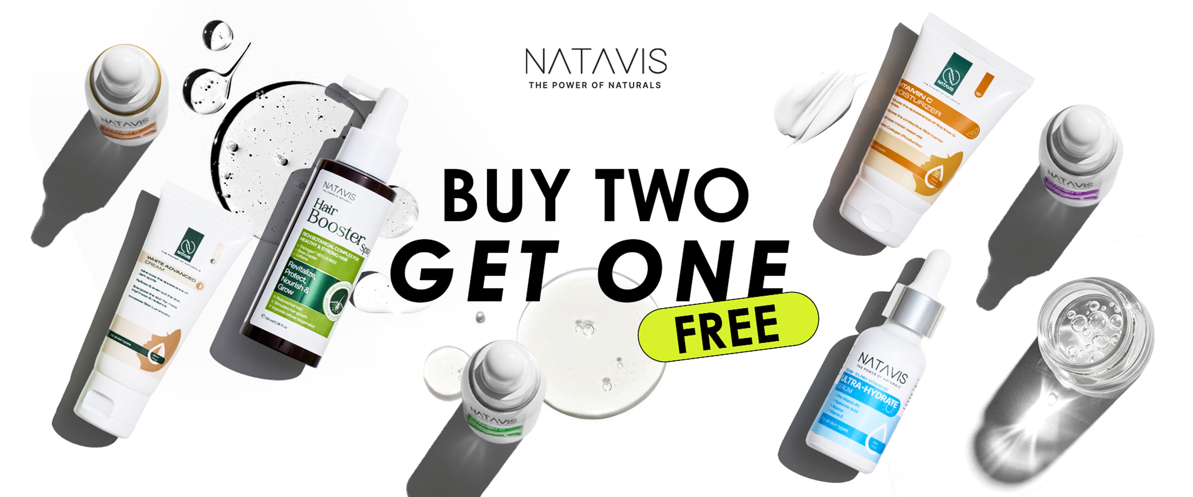 Promotional banner for Natavis skin care products with 'Buy Two Get One Free' offer.