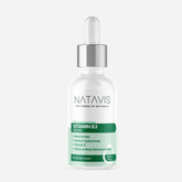 A white bottle with a dropper containing Natavis Vitamin B3 Serum, with a label that includes the product name and key ingredients such as Hyaluronic acid, Niacinamide, and Vitamin E.
