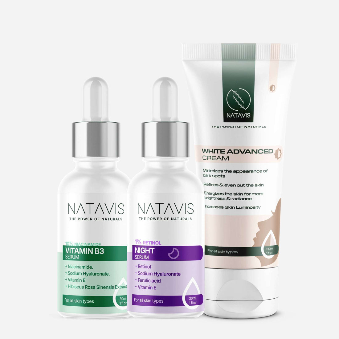A set of three skincare products from NATAVIS, including a Vitamin B3 serum, a Retinol serum, and a White Advanced Cream, designed for an acne treatment skincare routine.
