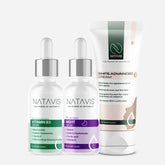 A set of three skincare products from NATAVIS, including a Vitamin B3 serum, a Retinol serum, and a White Advanced Cream, designed for an acne treatment skincare routine.
