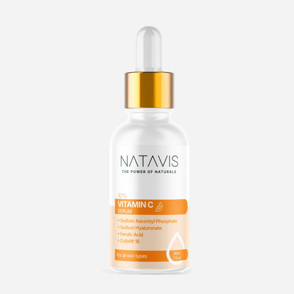 A bottle of Natavis Vitamin C Serum with a dropper, against a white background.