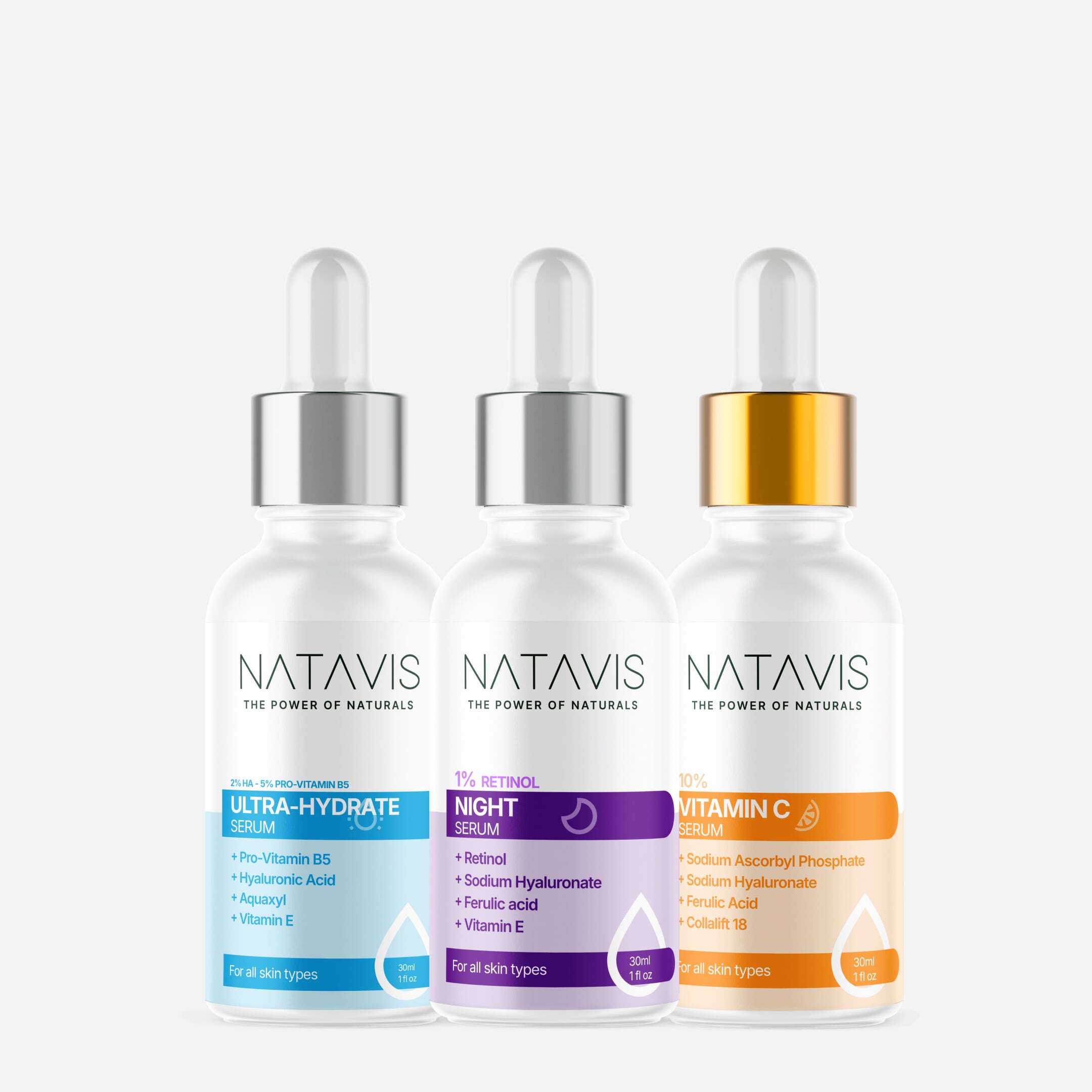 Three skincare serum bottles labeled NATAVIS, from left to right: Ultra-Hydrate with blue label, Retinol with purple label, and Vitamin C with orange label.