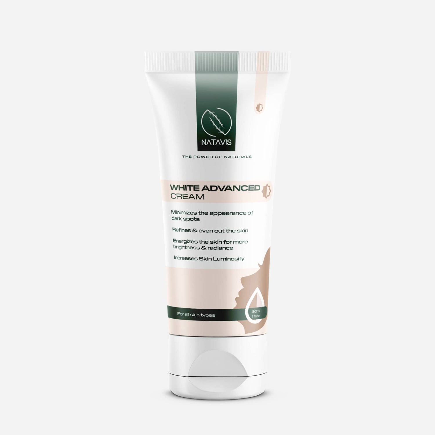 A tube of Natavis White Advanced Cream, with a white and green label, designed for brightening and fading dark spots on skin.