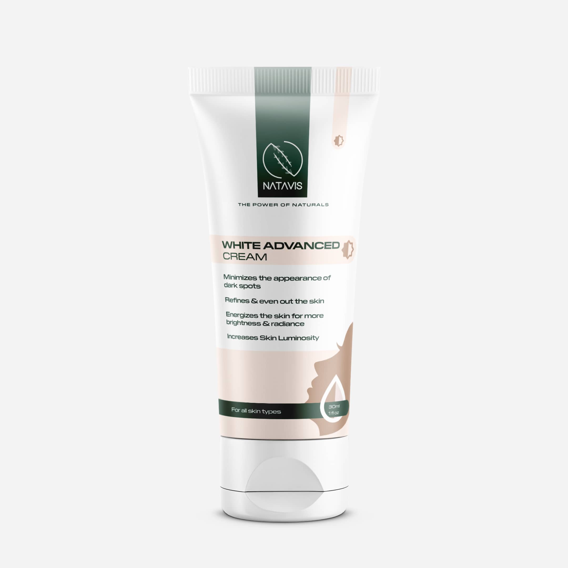 A tube of Natavis White Advanced Cream, with a white and green label, designed for brightening and fading dark spots on skin.
