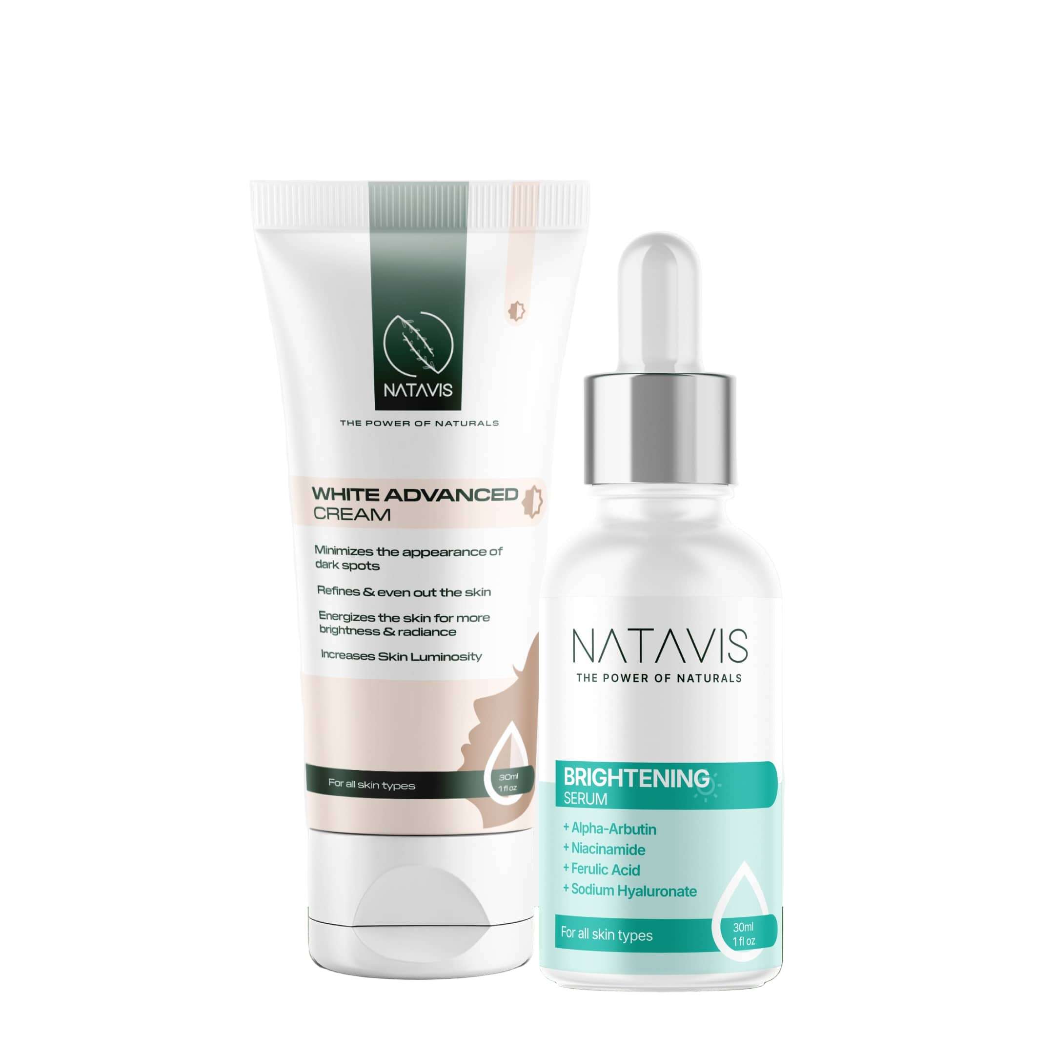 Image of two skincare products, Natavis White Advanced Cream and Natavis Brightening Serum, designed for combination skin to brighten dark spots and hyperpigmentation.