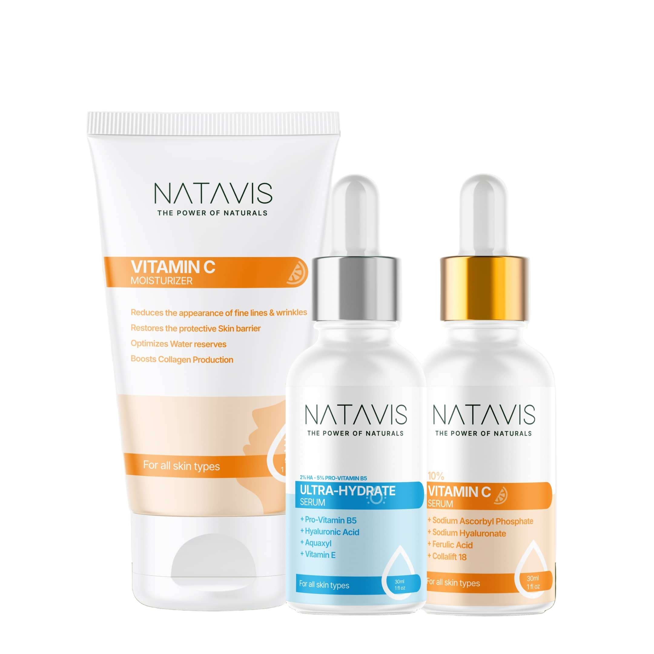 A set of three Natavis skincare products including a Vitamin C Serum, Ultra-Hydrate Serum, and Vitamin C Moisturizer, designed for dry skin.