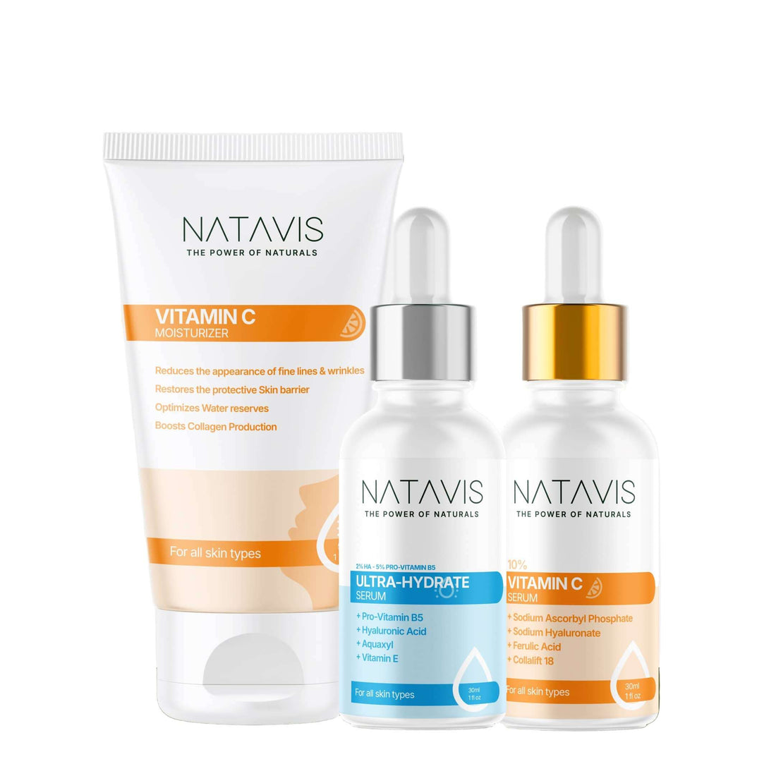 A set of three Natavis skincare products including a Vitamin C Serum, Ultra-Hydrate Serum, and Vitamin C Moisturizer with pump bottles and tubes packaging.