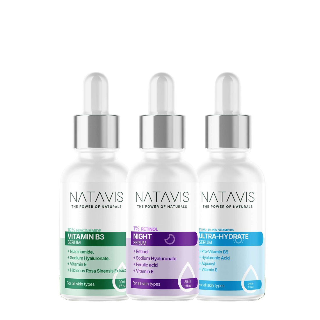 Three Natavis skincare serum bottles, labeled as Vitamin B3, Retinol, and Ultra-Hydrate, positioned side by side.