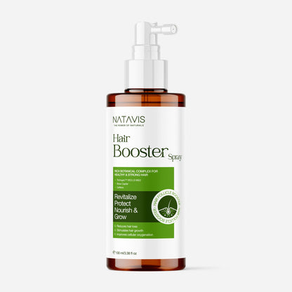 A bottle of Natavis Hair Booster Spray with a white label and green accents, indicating it is a hair growth promoting spray.