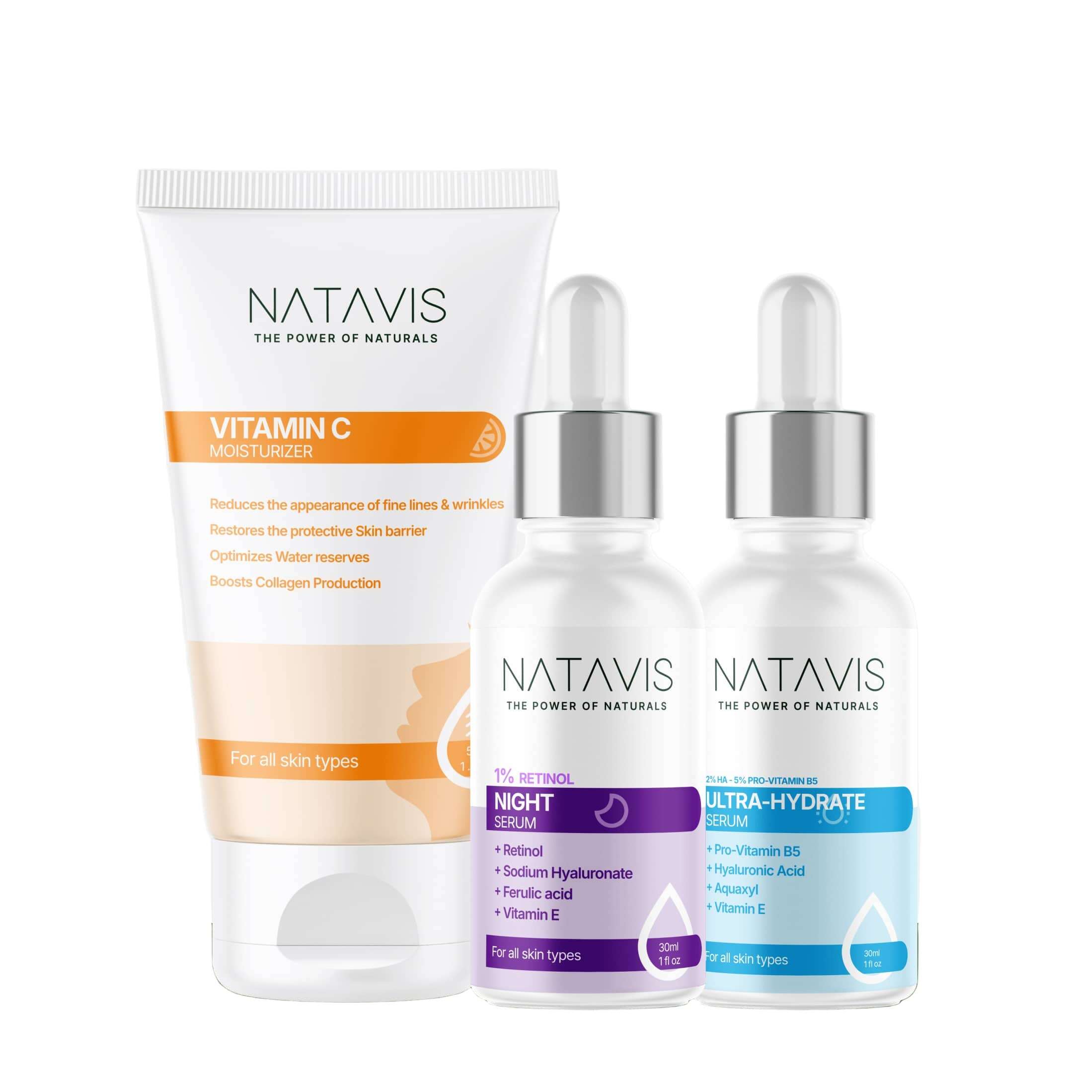 A set of three Natavis skincare products including a Vitamin C Moisturizer, Ultra-Hydrate Serum, and Retinol 1% Night Serum, designed for normal skin to improve skin texture, tone, and glow.