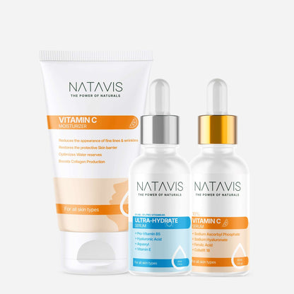 A set of three skincare products from NATAVIS, including a Vitamin C Serum, Ultra-Hydrate Serum, and Vitamin C Moisturizer, displayed with their packaging.