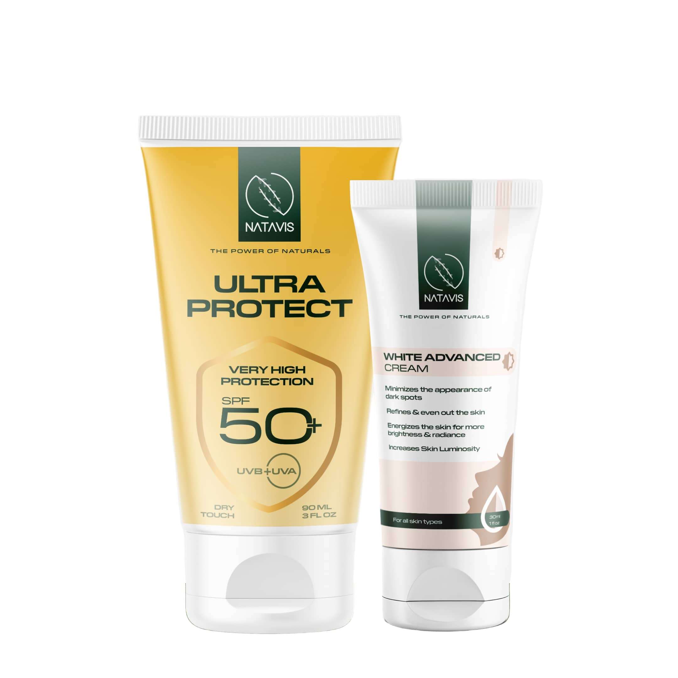 Two skincare products, Natavis Ultra Protect Sunscreen and Natavis White Advanced Cream, designed for sun damage and whitening for oily skin.
