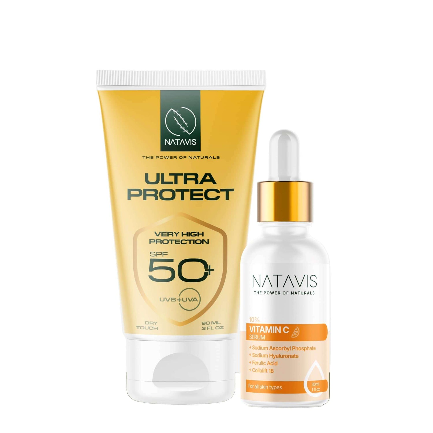Image showcasing two skincare products, one is a bottle of Natavis Vitamin C Serum and the other is a tube of Natavis Ultra-Protect SPF 50+ Sunscreen.