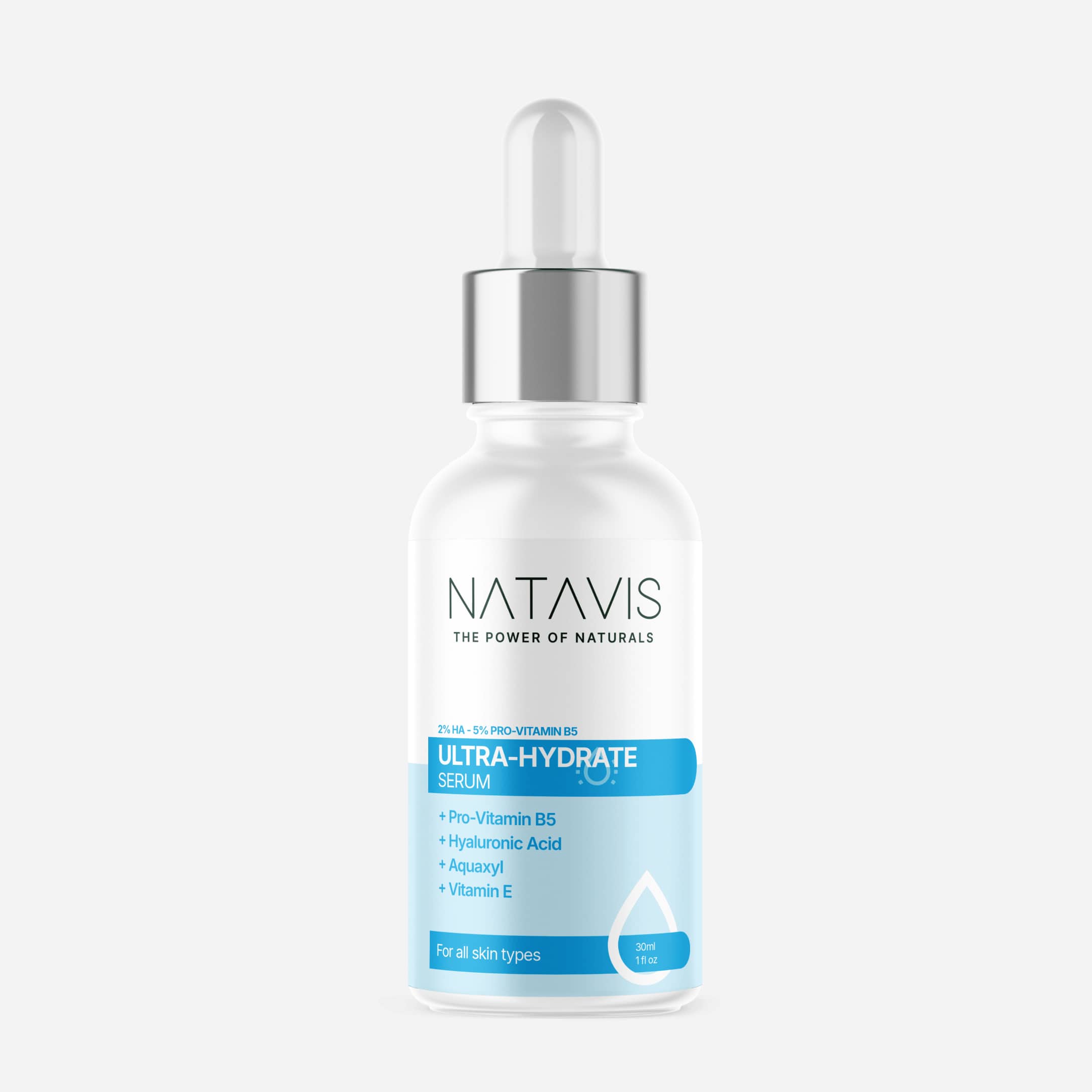 A white bottle with a dropper containing Natavis Ultra-Hydrate Serum, labeled with blue and silver text indicating the key ingredients such as Hyaluronic Acid and Pro-Vitamin B5.