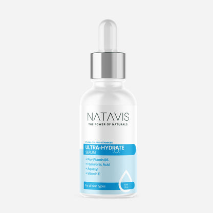 A white bottle with a dropper containing Natavis Ultra-Hydrate Serum, labeled with blue and silver text indicating the key ingredients such as Hyaluronic Acid and Pro-Vitamin B5.