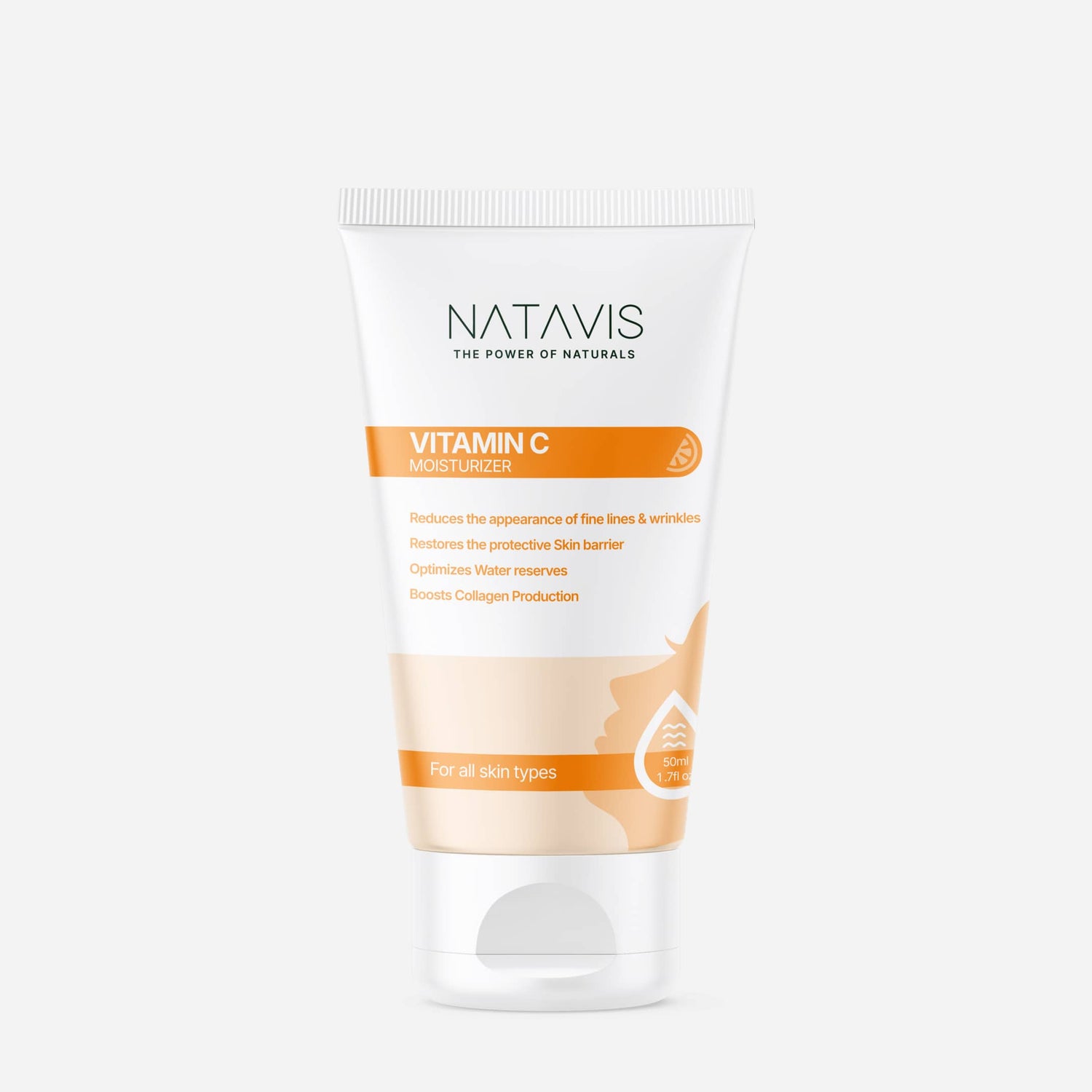 A white tube of Natavis Vitamin C Moisturizer with orange and white text detailing the product&