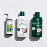 Three bottles of Natavis hair care products, including a shampoo, conditioner, and hair booster spray, displayed on a white background.